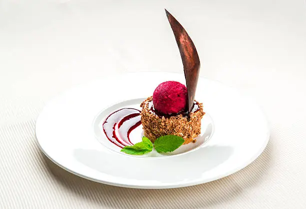 Delicious chocolate dessert with cherry ice-cream on a plate
