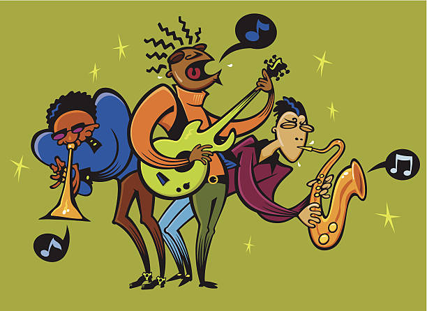 illustrazioni stock, clip art, cartoni animati e icone di tendenza di funky liscio musica trio - smooth jazz