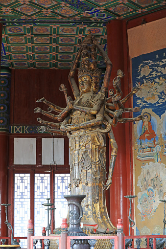 Beijing, China - October 6, 2020: Thousand handed Avalokitesvara in the Buddhist Pavilion of the summer palace in Beijing