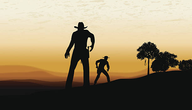 Gunfight - Cowboy Background Gunfight - Cowboy Background. Graphic silhouette illustration of a cowboy gunfight. Check out my "Vector Emergency Service & Law" light box for more. wild west gunfight stock illustrations
