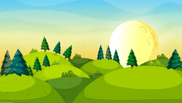 Vector illustration of Pine trees above the hills