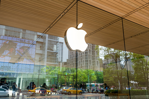 Taipei, Taiwan- July 12, 2022: Close-up of logo at the Apple Store in Taipei Xinyi District, Taiwan.