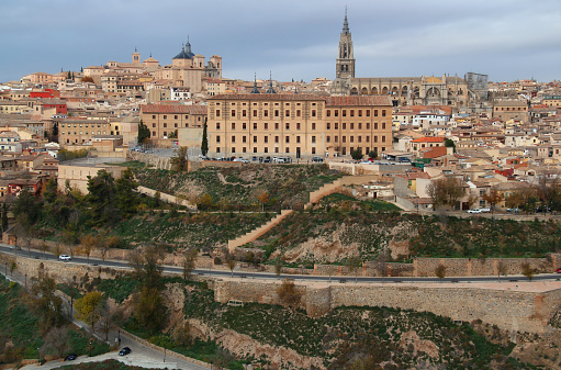 Panoramic view of the historic part of the city with the Cathedral in the center of the photo and numerous churches in the city of Toledo, Castilla-La Mancha