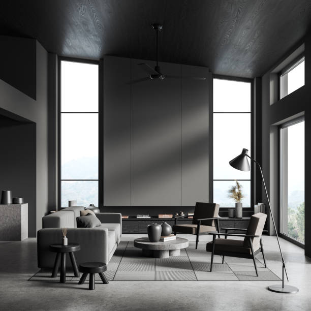 istock Grey home living room interior with relax place, decoration and panoramic window 1879424872