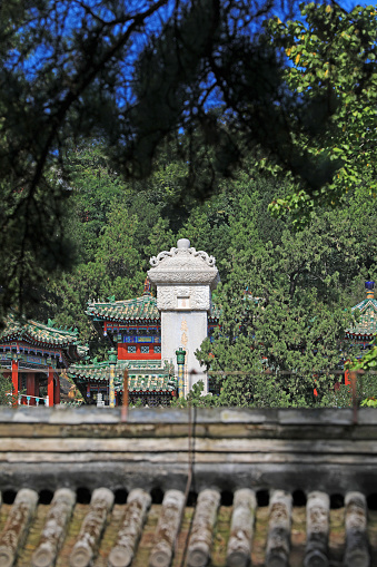 Beijing, China - October 6, 2020: Ancient Chinese steles in the summer palace in Beijing