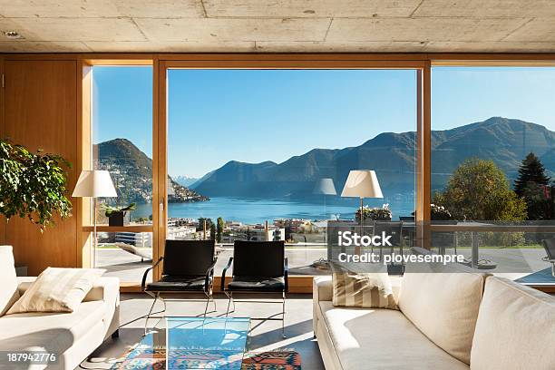 Beautiful Modern House Interior Stock Photo - Download Image Now - Lake, Looking At View, Living Room