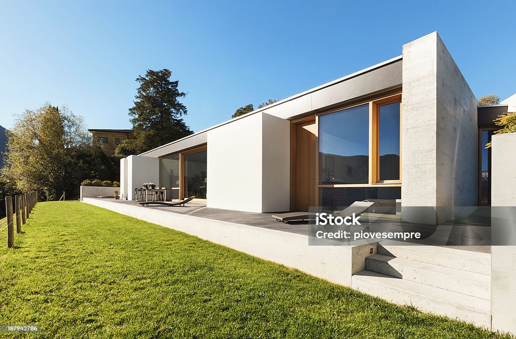 Beautiful modern house, outdoor beautiful modern house in cement, view from the garden House Stock Photo