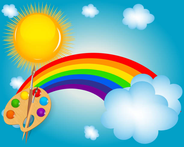 ilustraciones, imágenes clip art, dibujos animados e iconos de stock de cloud, el sol, el arco iris vector ilustración fondo - rainbow multi colored sun sunlight