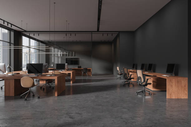 istock Grey office interior with coworking and meeting space, panoramic window 1879434758
