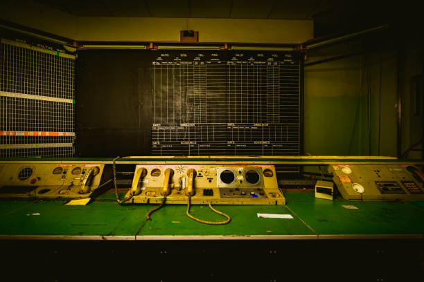 The abandoned military airport with hangar and control rooms.