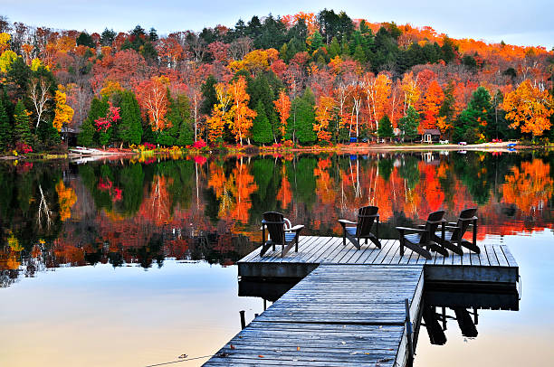 muelle de madera en el lago de otoño - wood chair outdoors rural scene fotografías e imágenes de stock