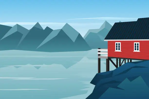 Vector illustration of Wooden house exterior with beautiful lake and mountain landscape. Norway. Red house. Scandinavia. Vector illustration.
