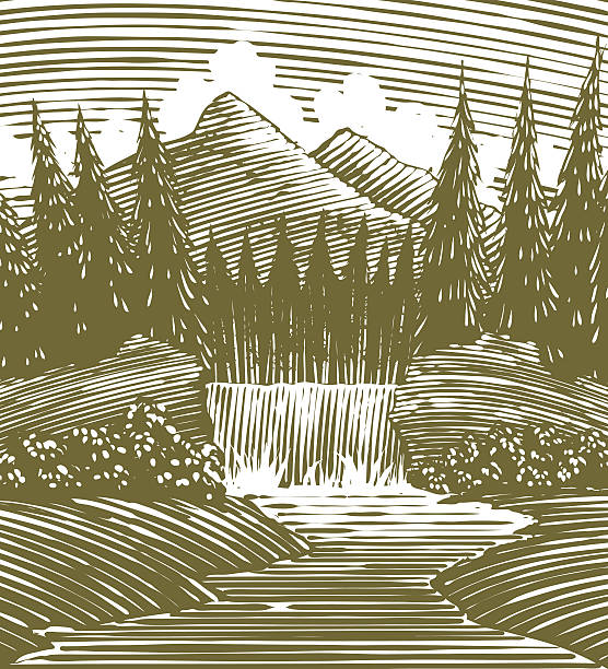 Woodcut style illustration of a waterfall.