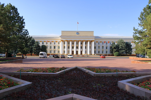 August 18 2023 - Bishkek in Kyrgyzstan, Central Asia: Government of the Kyrgyz Republic building in the centre of the kyrgyz capital