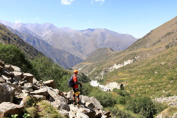 August 19 2023 - Ala Archa national park, Kyrgyzstan in Central Asia: people enjoy hiking in the Ala Archa national Park in summer
