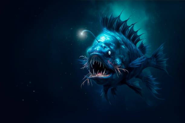 istock Angler fish on background of dark blue water realistic illustration art. 1879489841
