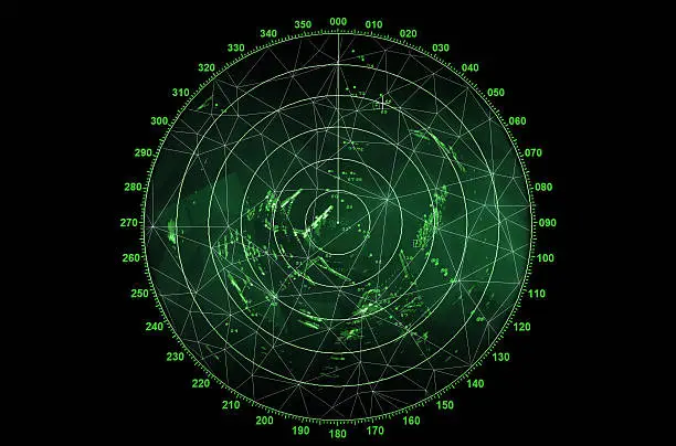 Modern radar screen with green round map and digital wire frame surface on black background