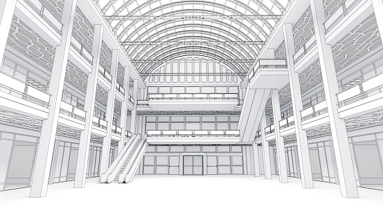 Drawing of the shopping mall atrium, transparent glass ceiling and glass store facades. 3d illustration