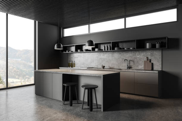 istock Gray kitchen corner with cabinets and island 1879500713