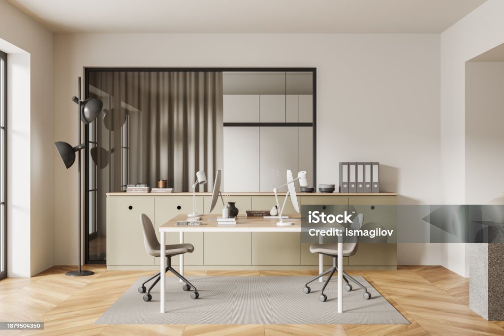 Beige Work Setup Beige Coworking Interior With Pc Computers And Drawer With Documents ...