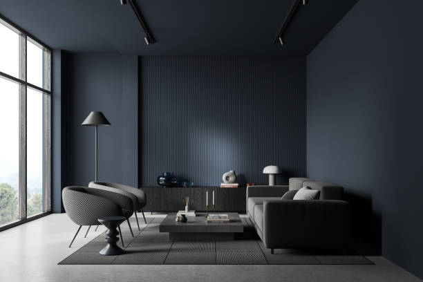 istock Blue home living room interior with relax place, decoration and panoramic window 1879512172