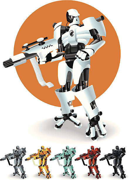 illustrazioni stock, clip art, cartoni animati e icone di tendenza di guerriero robot - judgement day illustrations