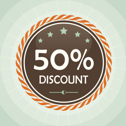 vintage 50 percent discount vector label isolated from background. Layered icon.