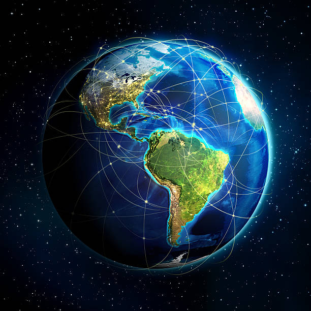 istock 3D globe of the Americas with flight routes 187951939