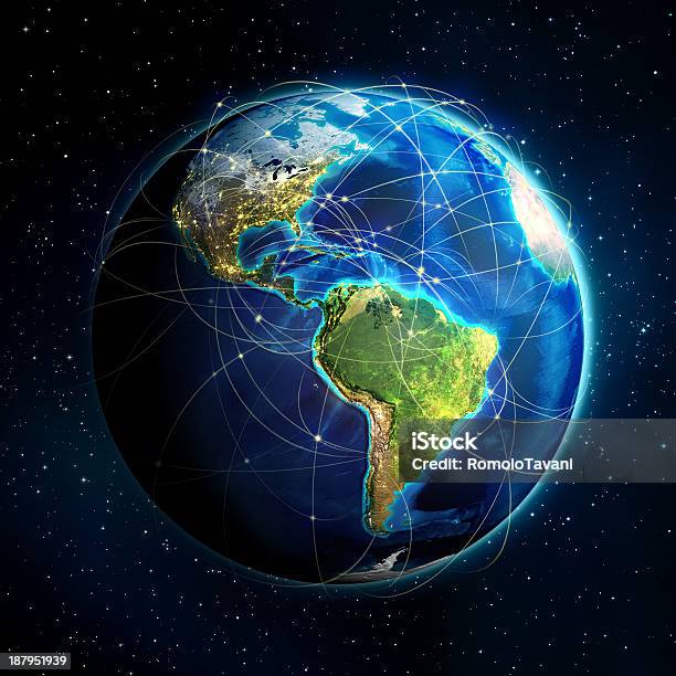 Foto de 3 D Planeta Of The Americas Com Rotas De Vôo e mais fotos de stock de Globo terrestre - Globo terrestre, Conexão, Planeta