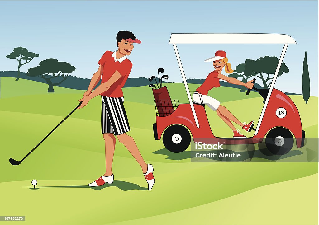 Joven Pareja de golf - arte vectorial de Cochecito de Golf libre de derechos