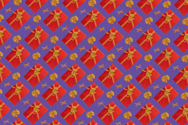 This pattern showcases a series of vibrant red gift boxes adorned with golden bows, methodically positioned on a light purple background.