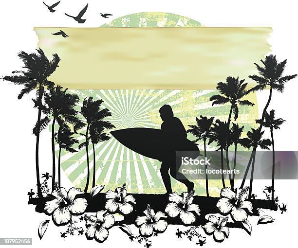 Summer Circle Scene With Hibiscus Surfer Running And Palms Stock Illustration - Download Image Now