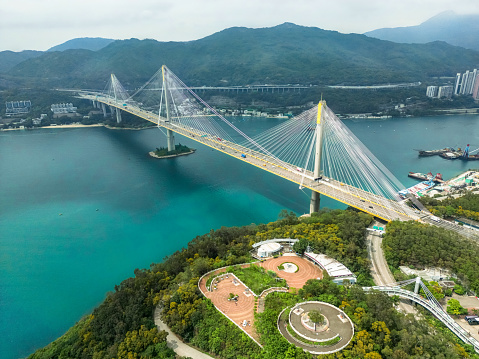 Aerial View of Ting Kau Bridge in Hong Kong, connecting Tsing Yi Island and Tuen Mun Road