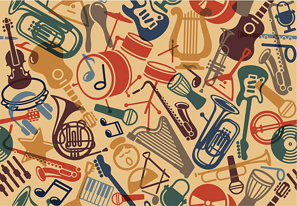 ilustrações, clipart, desenhos animados e ícones de sem costura fundo musical - bugle music musical instrument musical note