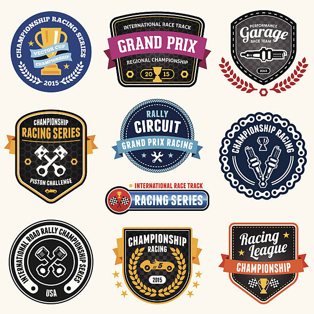 Racing emblems Set of car racing emblems and championship badges. draft sports event stock illustrations