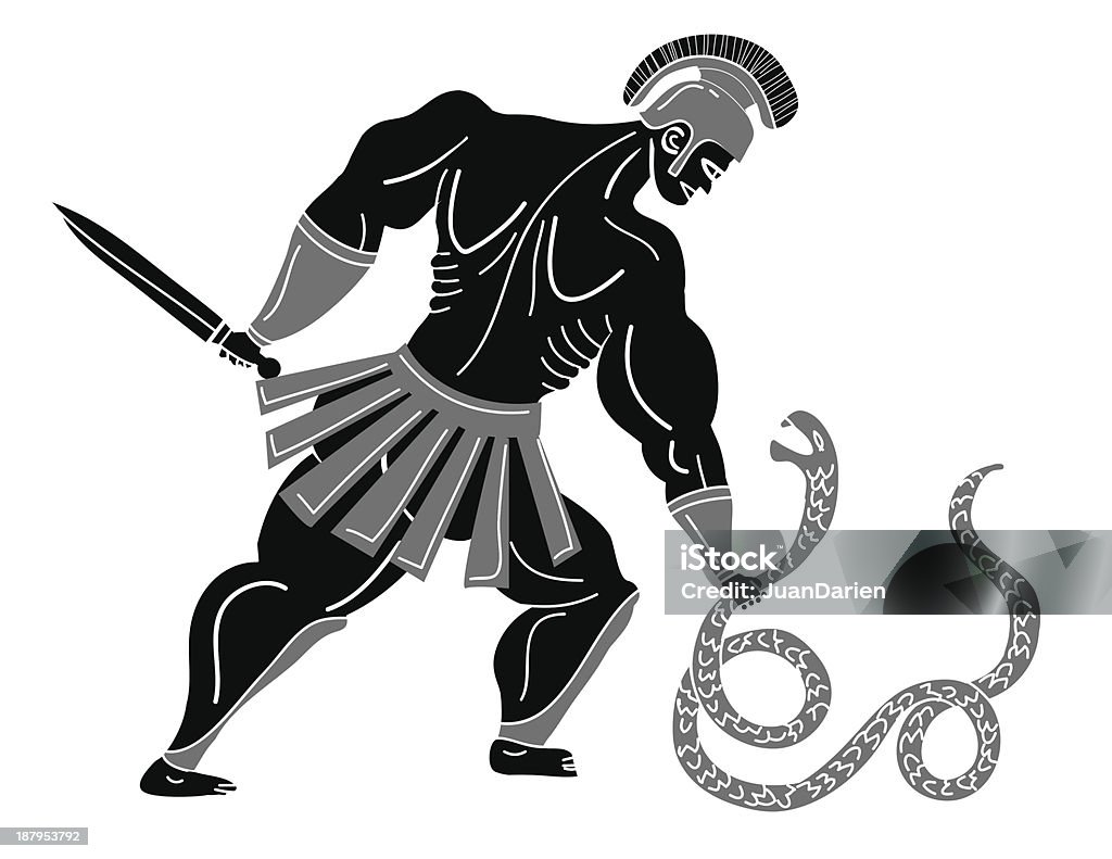 Lotta greco soldato con un serpente - arte vettoriale royalty-free di Achille