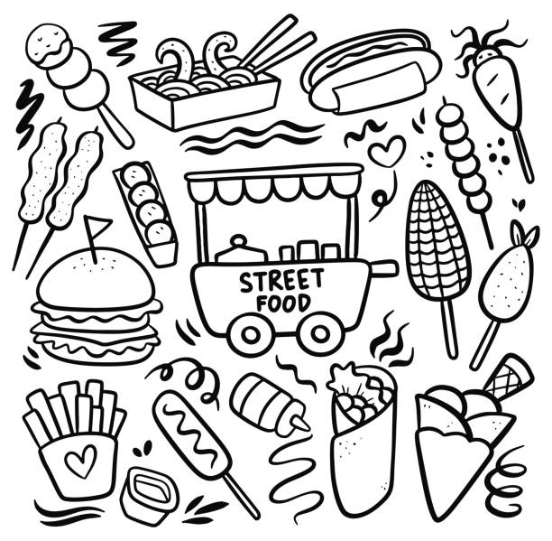 illustrations, cliparts, dessins animés et icônes de ensemble d’illustration vectorielle de doodle de délicieux aliments de rue - restauration-rapide