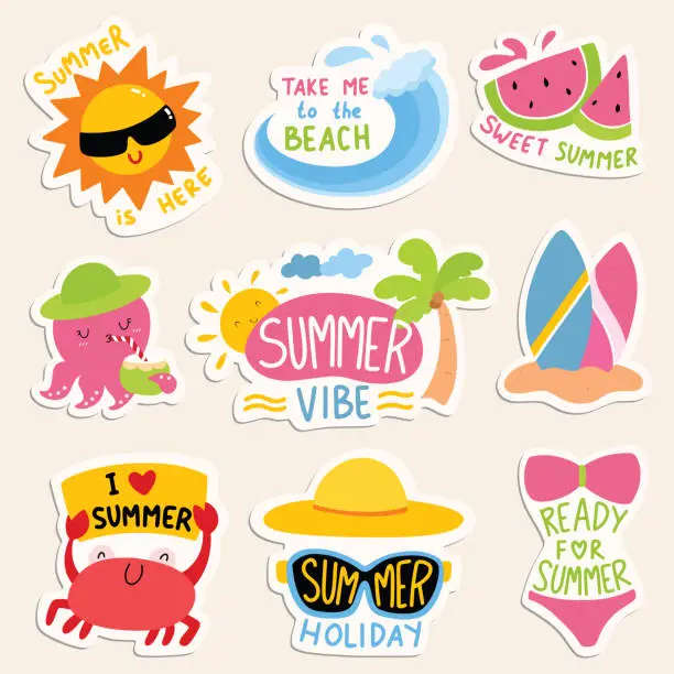Vector illustration of Summer theme sticker in cartoon doodle style illusrtation