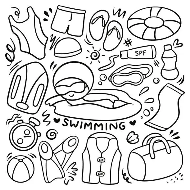 Vector illustration of Set of Hand Drawn Swimming Doodles Vector Element