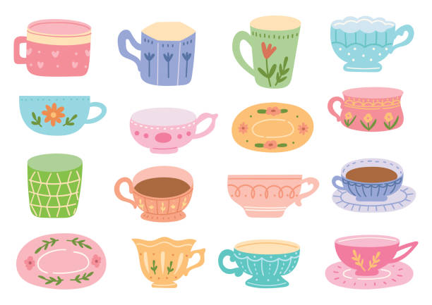 ilustraciones, imágenes clip art, dibujos animados e iconos de stock de ilustración vectorial de garabatos de taza de té de color pastel vintage - tea cup