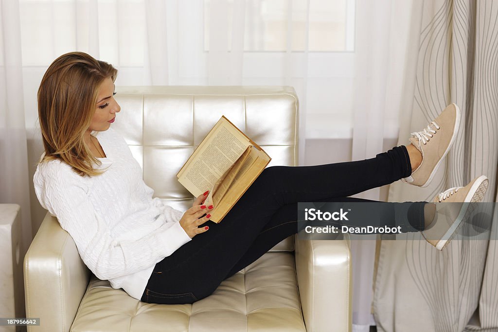 woman reading a book in the armchair Young woman reading a book in the armchair 20-29 Years Stock Photo