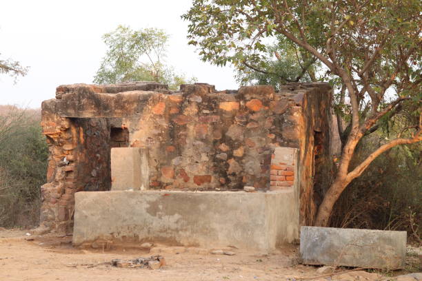 istock Old Ruins of a small broken stone house with a well aside 1879570538