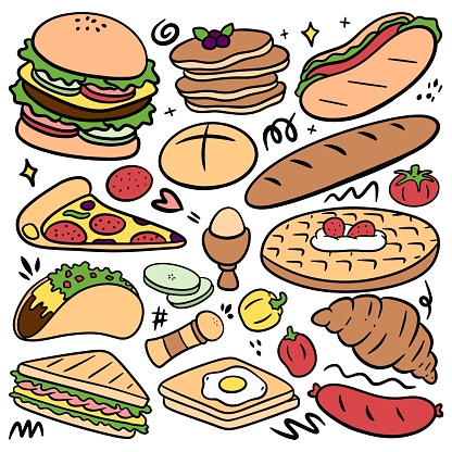 Hand Drawn Fast Food Doodle Set Vector Clip Art