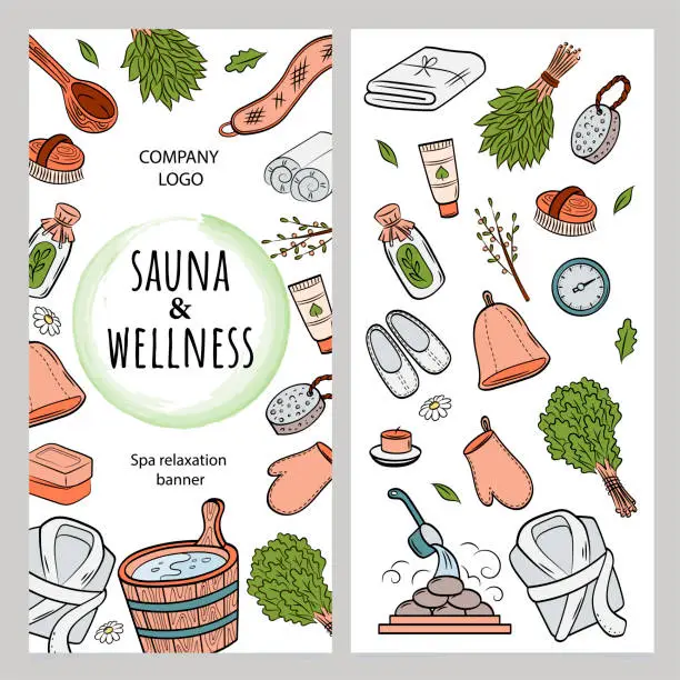 Vector illustration of Sauna and wellness vertical leaflet template. Colorful cartoon spa accessories in doodle style on white background.