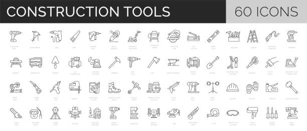 ilustrații de stoc cu set de 60 de unelte de construcție, instrumente, echipamente. schițați colecția de simboluri de renovare. cursă editabilă. ilustrare vectorială - ferăstrău circular