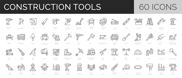 Set of 60 construction tools, instruments, equipment. Outline renovation symbols collection. Editable stroke. Vector illustration