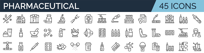 Set of 45 outline icons related to pharmaceutical. Linear icon collection. Editable stroke. Vector illustration
