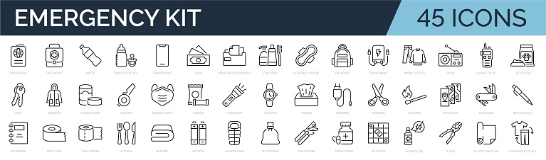 Set of outline icons related emergency kit, survival kit, grab-and-go bag, checklist for evacuation. Linear icon collection. Editable stroke. Vector illustration