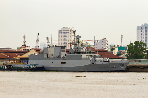 Ho Chi Minh City, Vietnam - November 30, 2022 : INS Kamorta Anti-Submarine And Stealth Corvette (P28) Of Indian Navy Docked At Saigon Harbor.