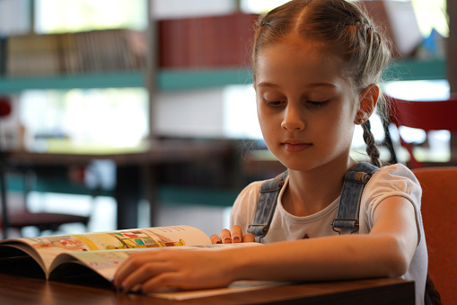 Primary school girl reading for a book in the library stock photo